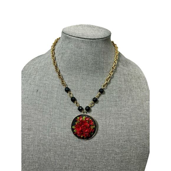 Vintage Red Carved Rose Brooch Pin Gold Tone Textured Pendant Necklace Mexico - Picture 2 of 7